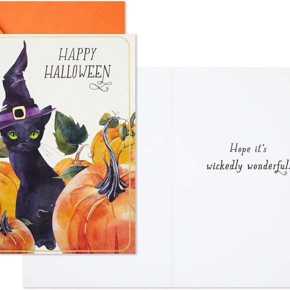 NEW Halloween Hallmark Cat in Witch Hat Orange Pumpkins 6 Cards with Envelopes - Picture 2 of 7